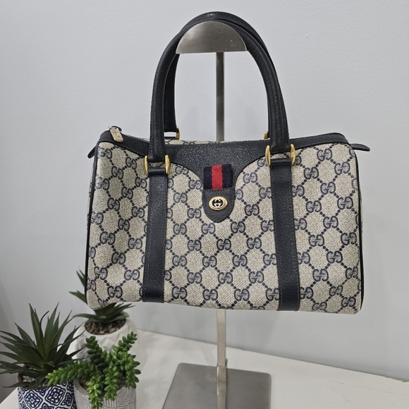 Gucci Handbags - GUCCI - Vintage GG Sherry Line Boston Bag in Rare Navy Blue, PVC & Leather​​